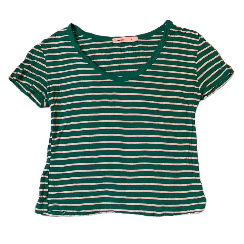Bluenotes Green and White Striped V-Neck Tee